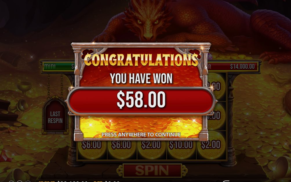 Win screen showing the payout for the winning line